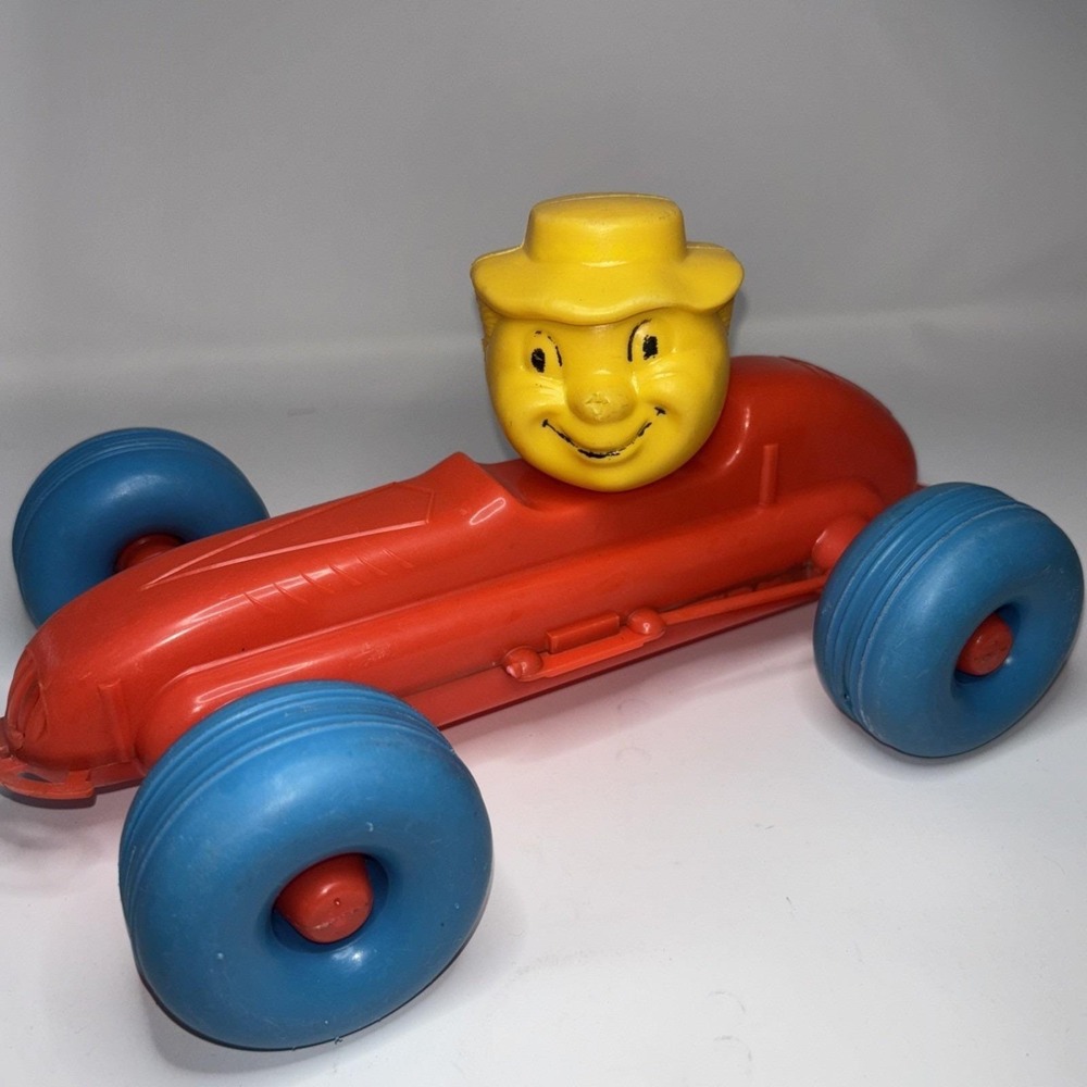 Vintage 1960s Plastic Pull Race Car Red Blue Yellow Driver Toy AS‎ IS
